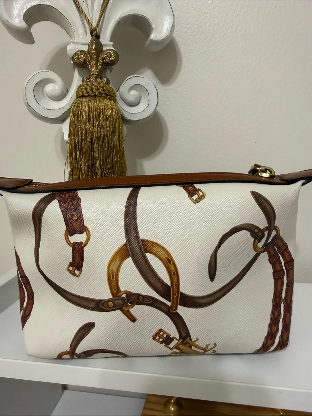 Vintage Ralph Lauren Cream and Brown Women's Cosmetic Wristlet